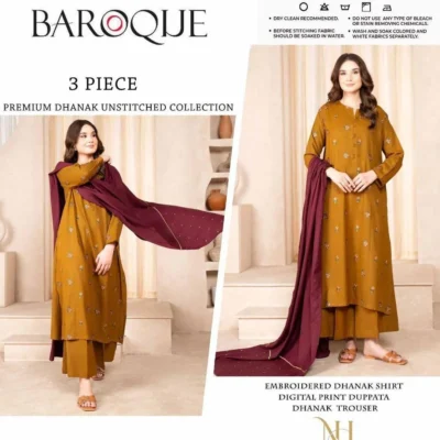 Unstitched 3-Piece Dhanak Suit Mustard Maroon Embroidered