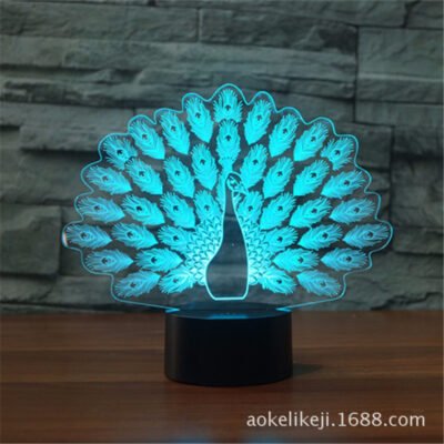 Peacock LED Night Lamp Blue Rechargeable Remote Control